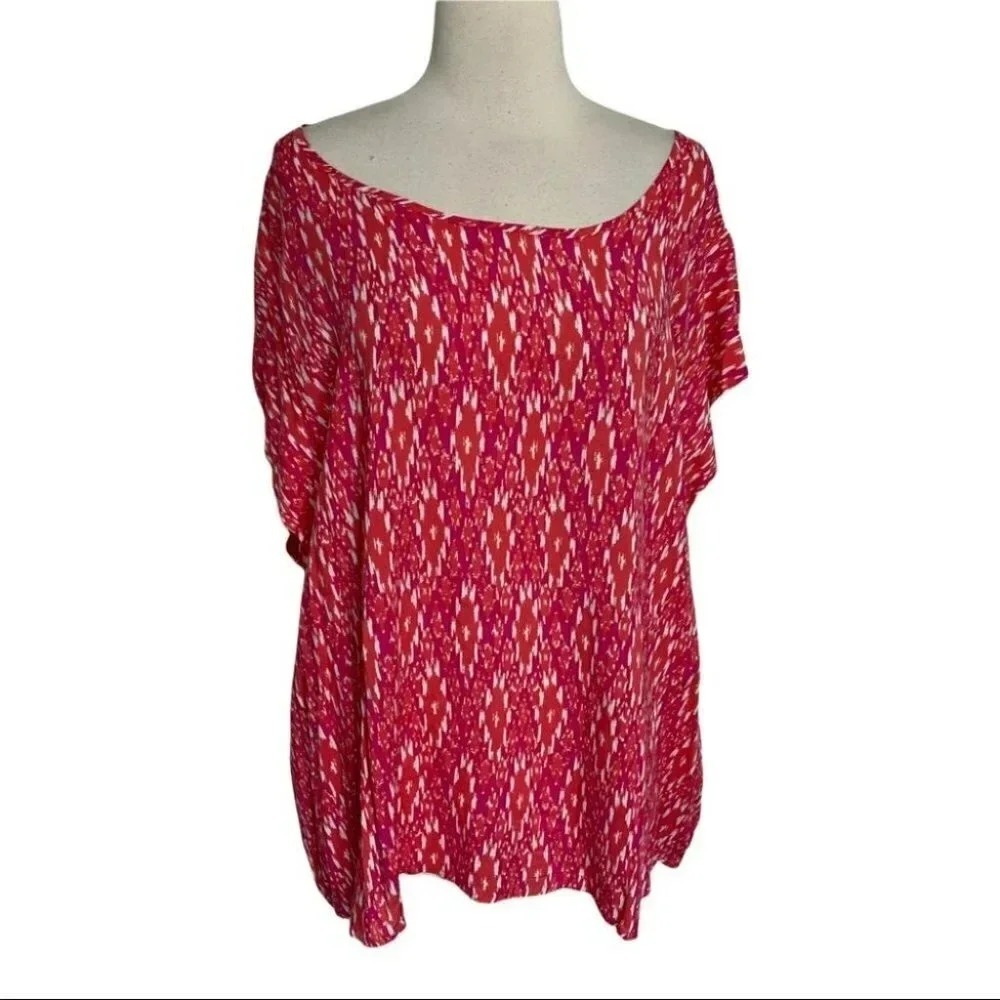 Rose & Rhyme Top 3X Red Pink Ikat Print Short Sleeve Keyhole Back Boho Blouse